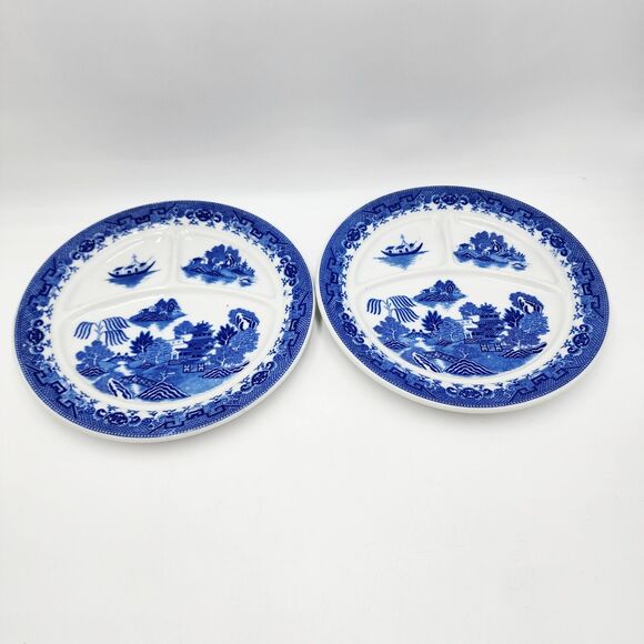 Vintage Set 2 Grill Plates Porcelain Blue Willow Pattern 10 1/8" Heavy Japan - Picture 1 of 8